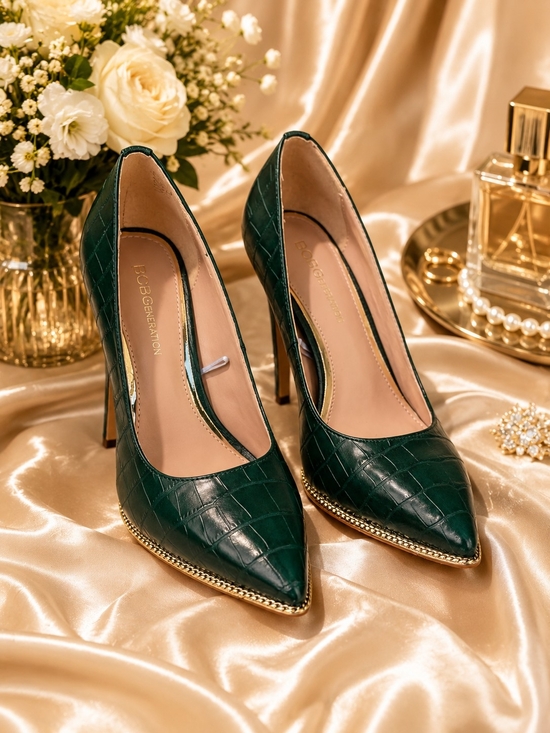 BCBGeneration Shoes - BCBGeneration Emerald Green Croc-Embossed Pointed Stiletto Pumps NWOT